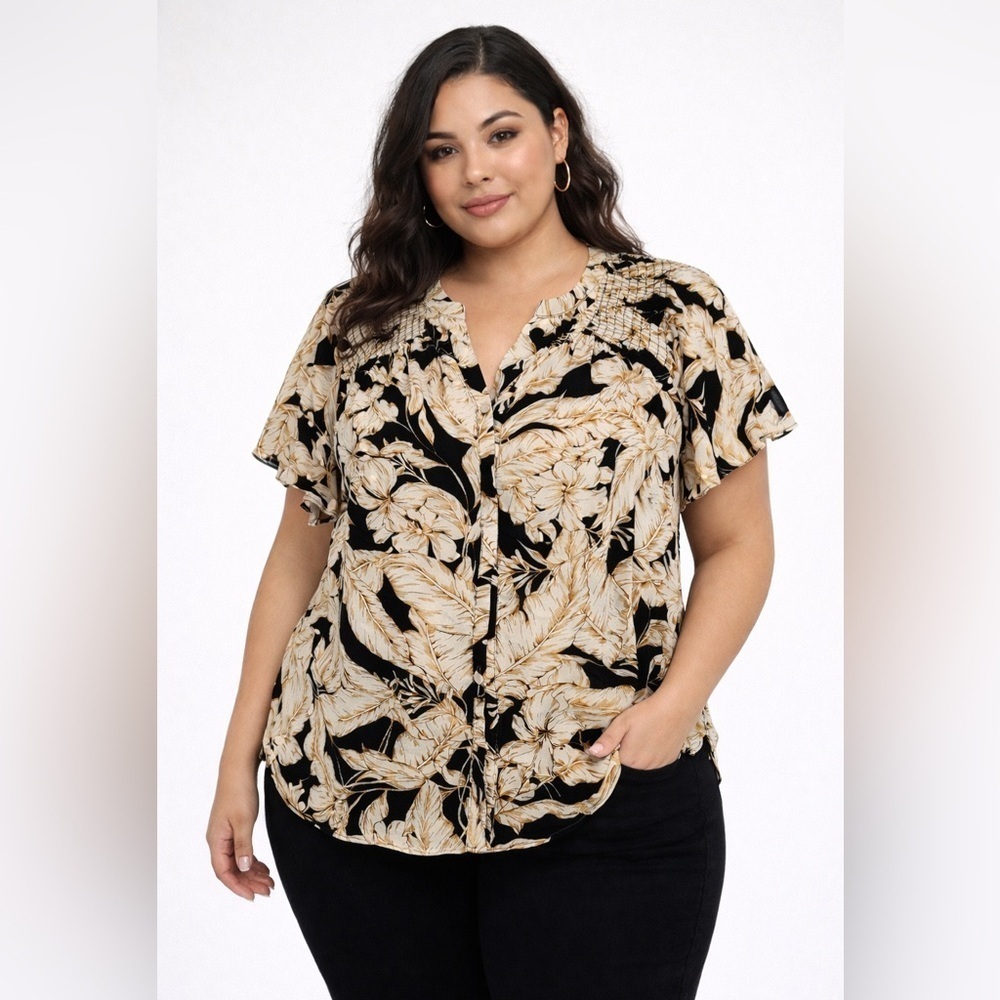 ROSE + OLIVE Black Ivory Smocked Floral Print Flutter Sleeve Blouse Size 1X